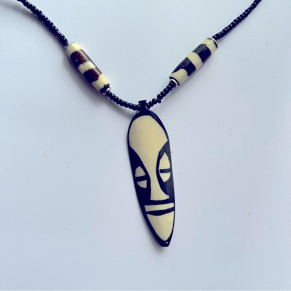 African mask necklace, black and cream unique